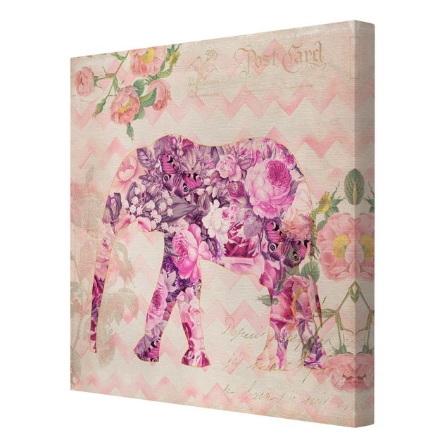 Cuadros de mariposas y flores Vintage Collage - Pink Flowers Elephant