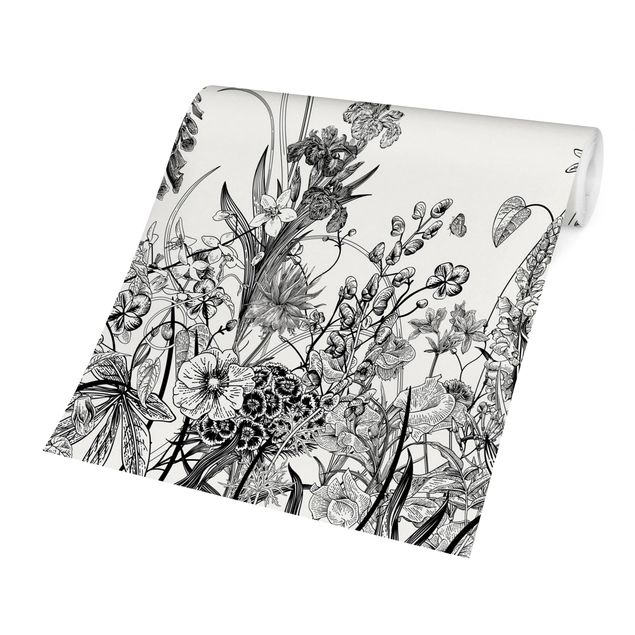 Papel pintado moderno Large Flowers With Butterflies In Black