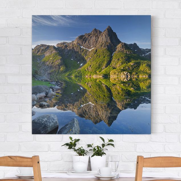 Lienzos de montañas Mountain Landscape With Water Reflection In Norway