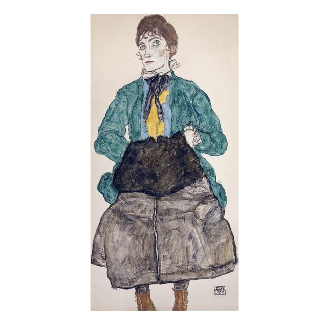 Lienzos de cuadros famosos Egon Schiele - Woman In Green Blouse With Muff