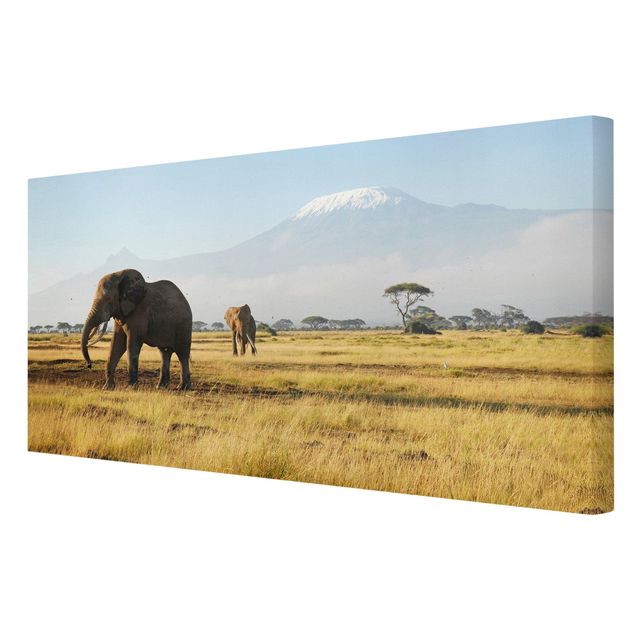 Lienzos de paisajes Elephants In Front Of The Kilimanjaro In Kenya