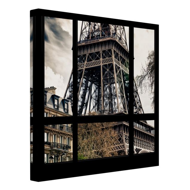 Lienzos ciudades del mundo Window view Paris - Near the Eiffel Tower black and white