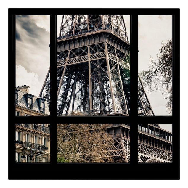 Lienzos en blanco y negro Window view Paris - Near the Eiffel Tower black and white