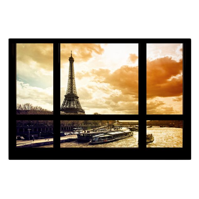 Lienzos ciudades Window view - Paris Eiffel Tower sunset