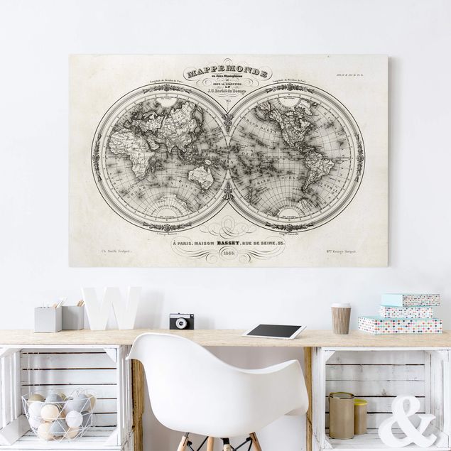 Lienzos en blanco y negro French map of the hemispheres from 1848