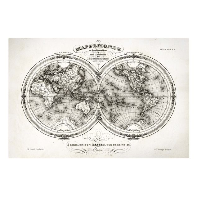 Cuadros modernos blanco y negro French map of the hemispheres from 1848