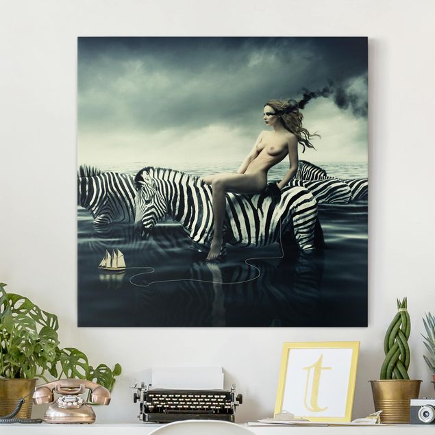 Decoración de cocinas Woman Posing With Zebras