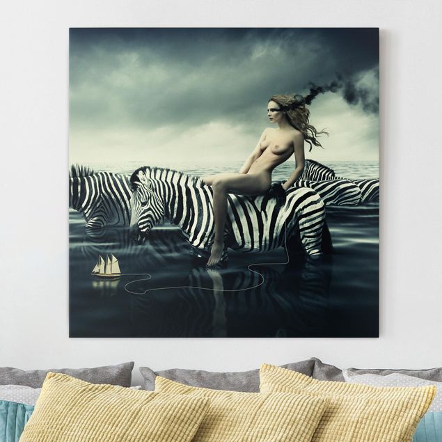 Lienzo cebra Woman Posing With Zebras