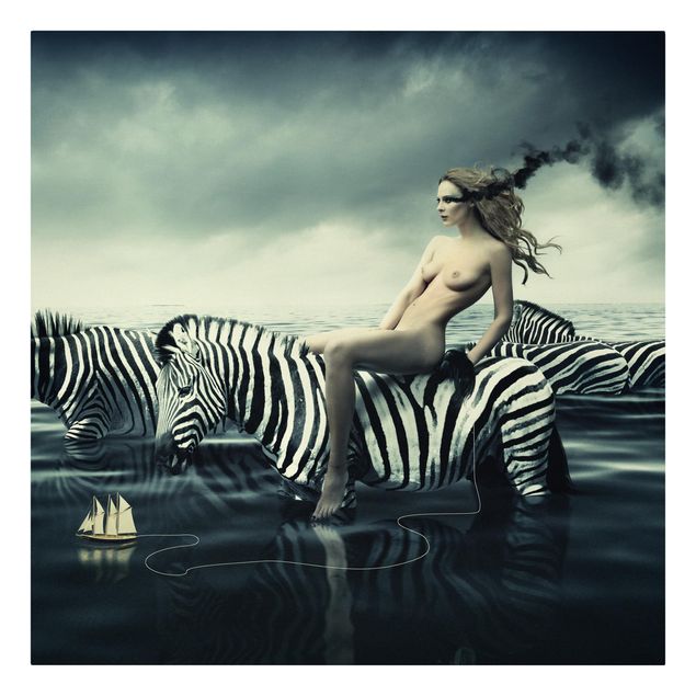 Lienzos animales Woman Posing With Zebras