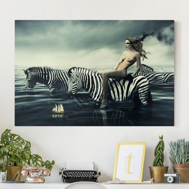 Decoración de cocinas Woman Posing With Zebras