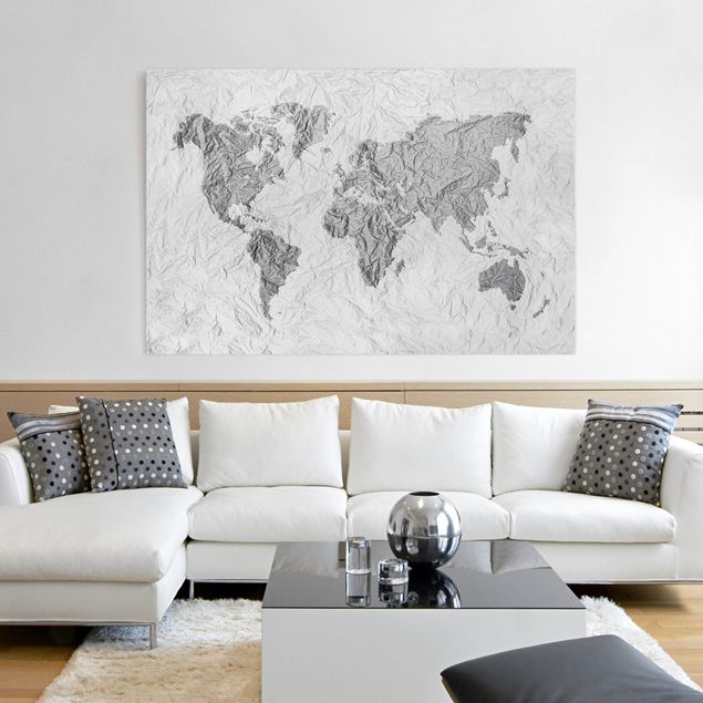 Lienzos en blanco y negro Paper World Map White Grey
