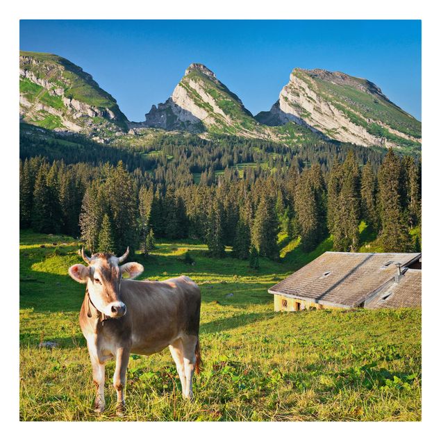Cuadros montañas Swiss Alpine Meadow With Cow