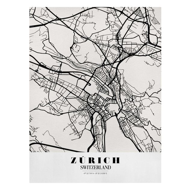 Cuadros en blanco y negro Zurich City Map - Classic