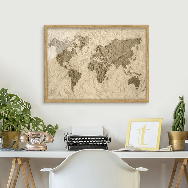 Pósters enmarcados de mapamundi Paper World Map Beige Brown