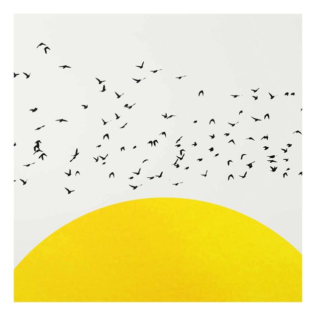 Cuadros de cristal animales Flock Of Birds In Front Of Yellow Sun