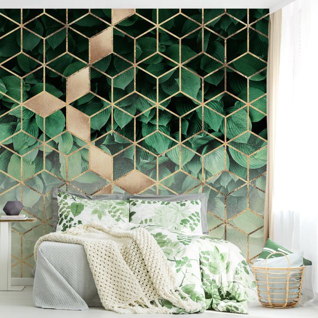 Papel pared verde Green Leaves Golden Geometry