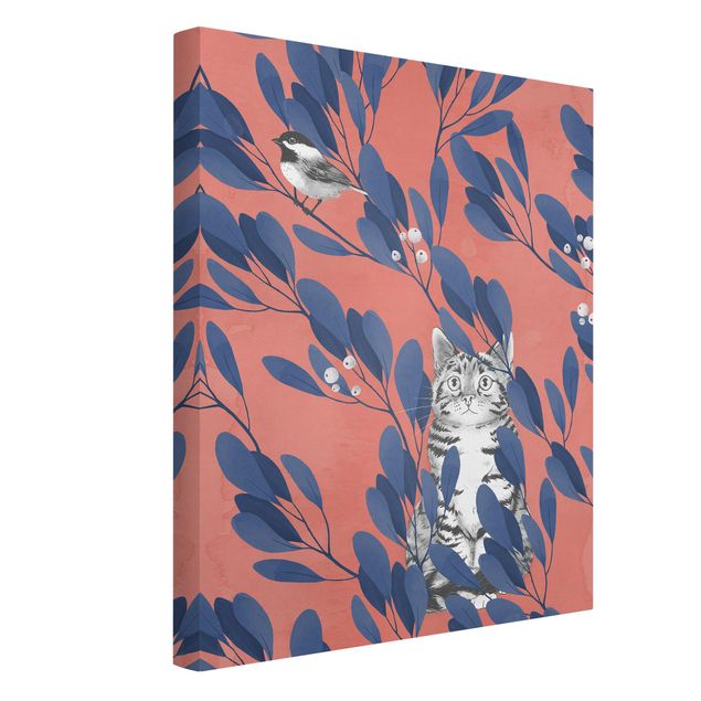 Cuadros de gatos modernos Illustration Cat And Bird On Branch Blue Red