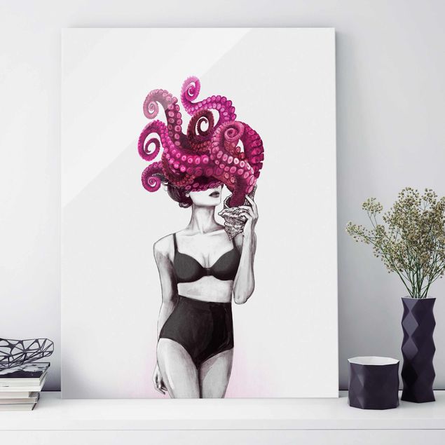 Tableros magnéticos de vidrio Illustration Woman In Underwear Black And White Octopus