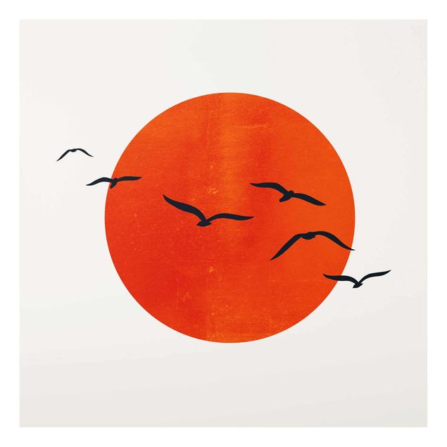 Cuadros de cristal animales Flock Of Birds In Front Of Red Sun I