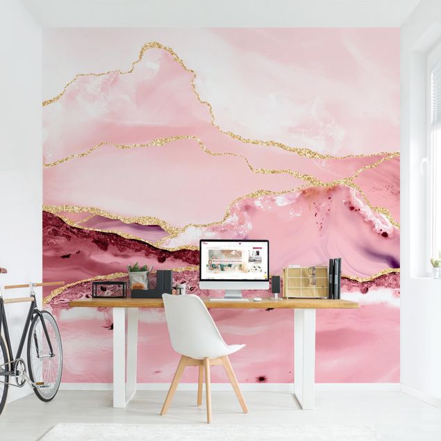 Papel pintado efecto mármol Abstract Mountains Pink With Golden Lines