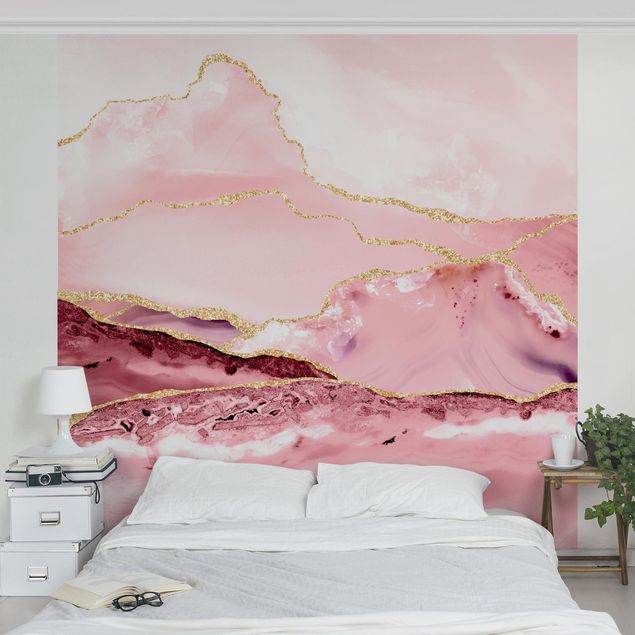 Decoración en la cocina Abstract Mountains Pink With Golden Lines