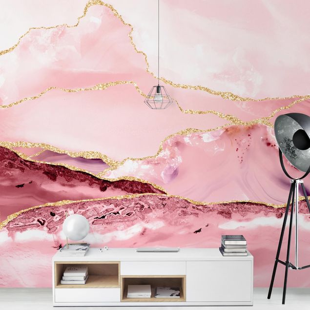 Papel pintado montañas infantil Abstract Mountains Pink With Golden Lines