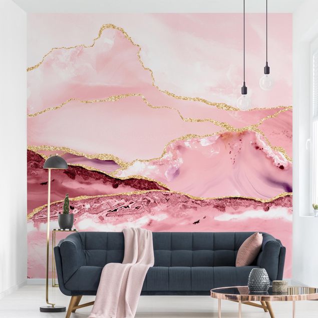 Papel pintado con patrones Abstract Mountains Pink With Golden Lines