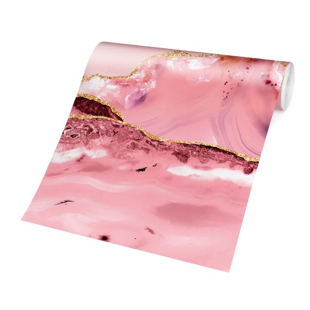 Papel pintado estilo industrial Abstract Mountains Pink With Golden Lines