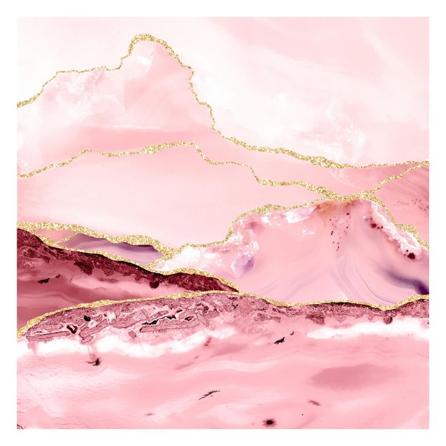 Papel pintado salón moderno Abstract Mountains Pink With Golden Lines