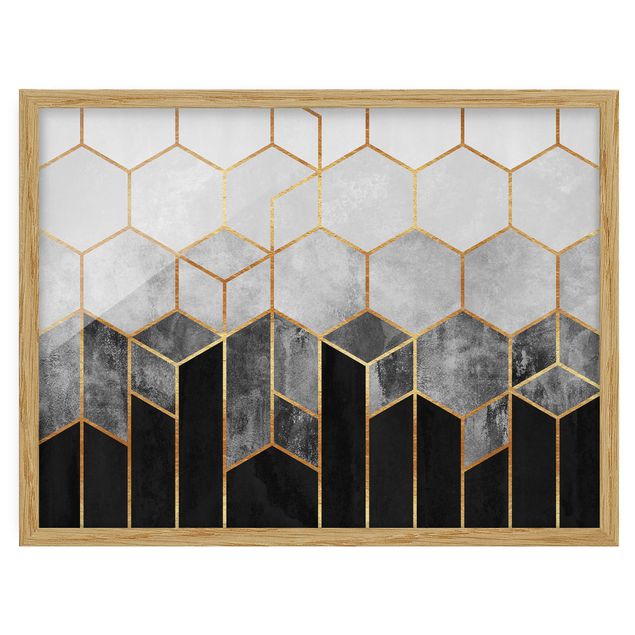 Pósters enmarcados abstractos Golden Hexagons Black And White