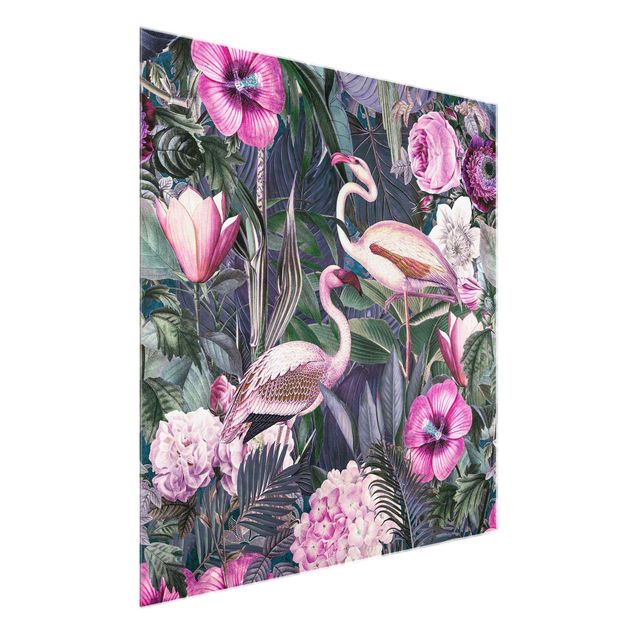 Cuadros de cristal flores Colourful Collage - Pink Flamingos In The Jungle
