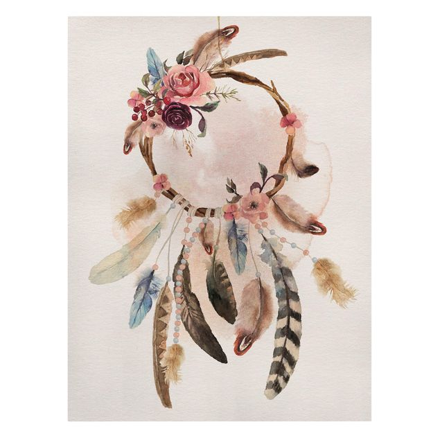 Lienzo vintage Dream Catcher With Roses And Feathers
