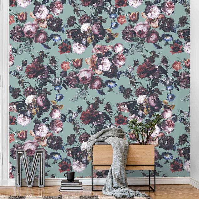 Papel pared flores Old Masters Flowers With Tulips And Roses On Blue