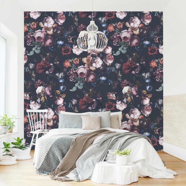 Papel pintado rosas Old Masters Flowers With Tulips And Roses On Dark Gray