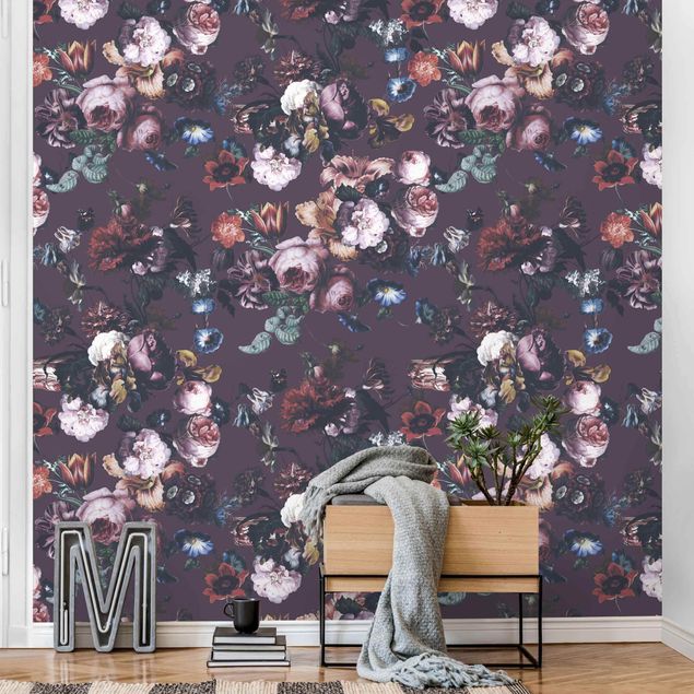 Papel pintado rosas Old Masters Flowers With Tulips And Roses On Purple