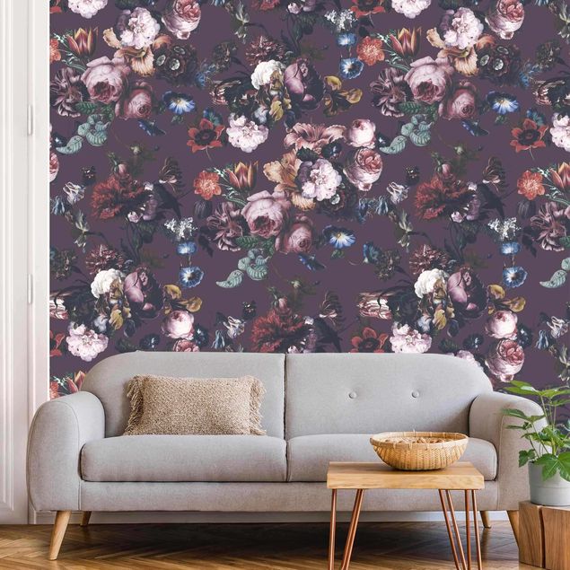Papel pintado con patrones Old Masters Flowers With Tulips And Roses On Purple