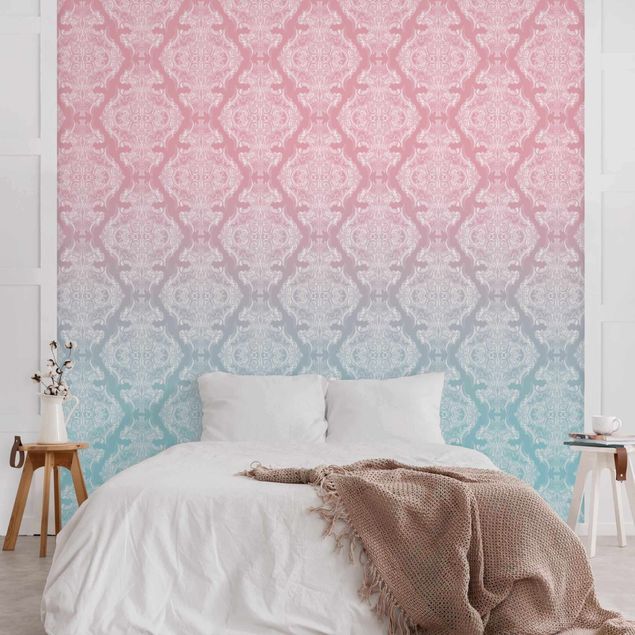 Papel pintado moderno Watercolour Baroque Pattern With Blue Pink Gradient
