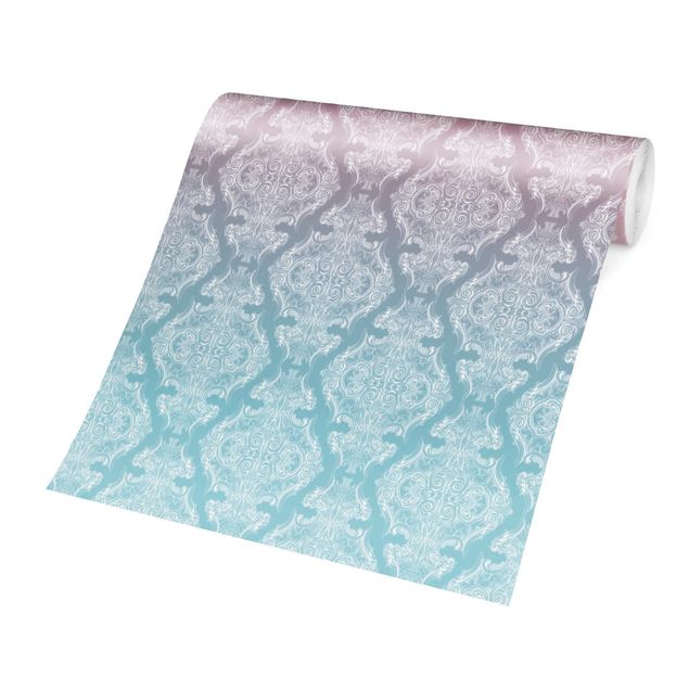 Papel pintado rosa Watercolour Baroque Pattern With Blue Pink Gradient