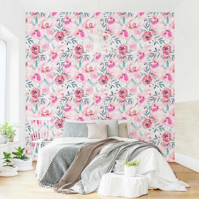 Papel pared flores Watercolour Flowers Pink With Blue Leaves