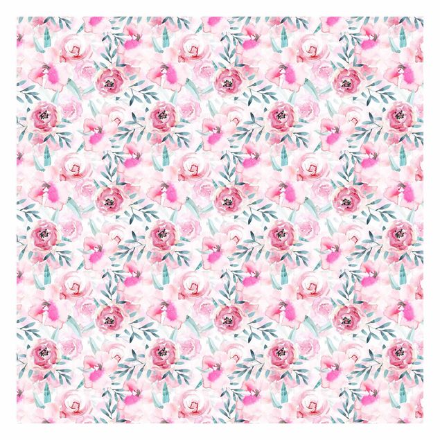 Papel pared rosa Watercolour Flowers Pink With Blue Leaves