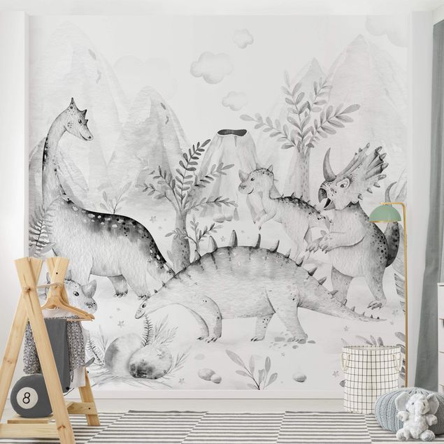 Papeles pintados modernos Watercolour World Of Dinosaurs Black And White