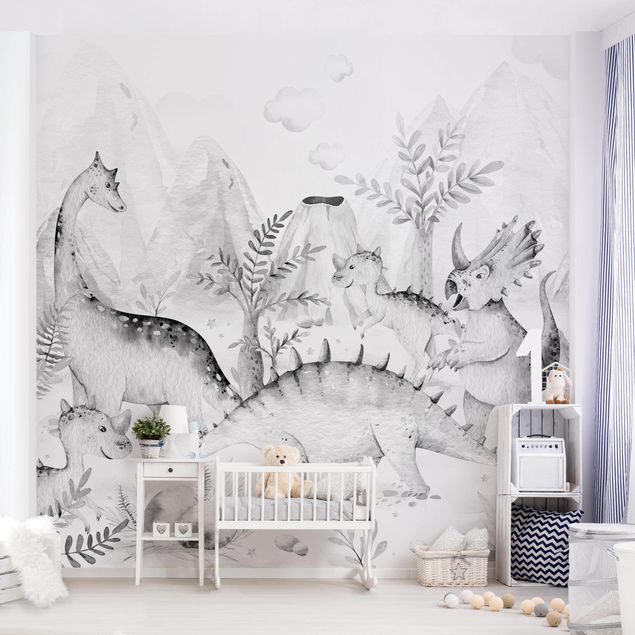 Papel pared animales Watercolour World Of Dinosaurs Black And White