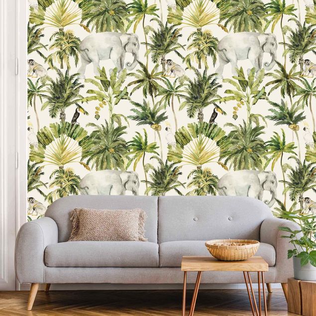 Papel pintado floral Watercolour Elephant And Palm Pattern