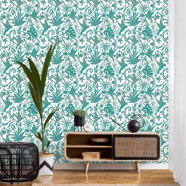 Papel pintado con patrones Watercolour Hummingbird And Plant Silhouettes Pattern In Turquoise