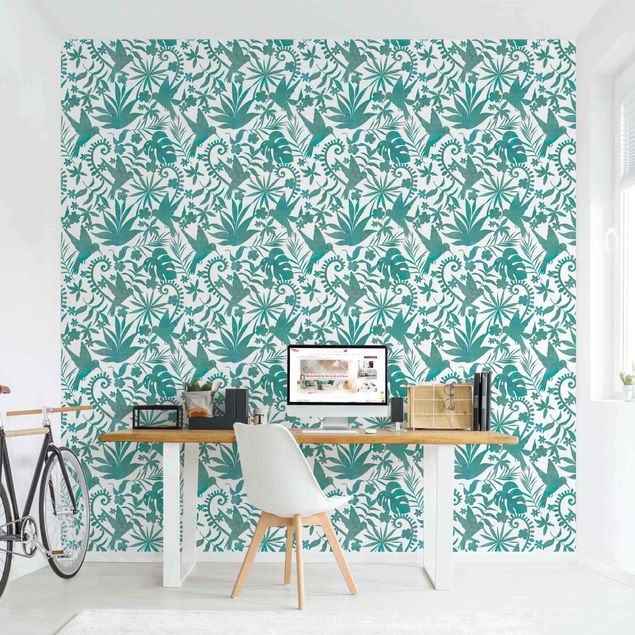 Papel pintado moderno Watercolour Hummingbird And Plant Silhouettes Pattern In Turquoise