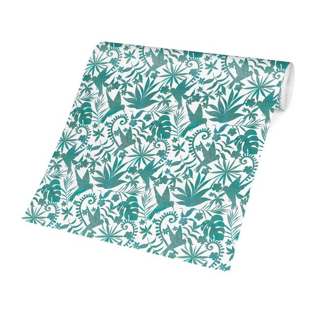 Papel pintado turquesa Watercolour Hummingbird And Plant Silhouettes Pattern In Turquoise
