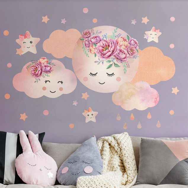 Decoración habitación infantil Watercolor moon clouds and stars with roses