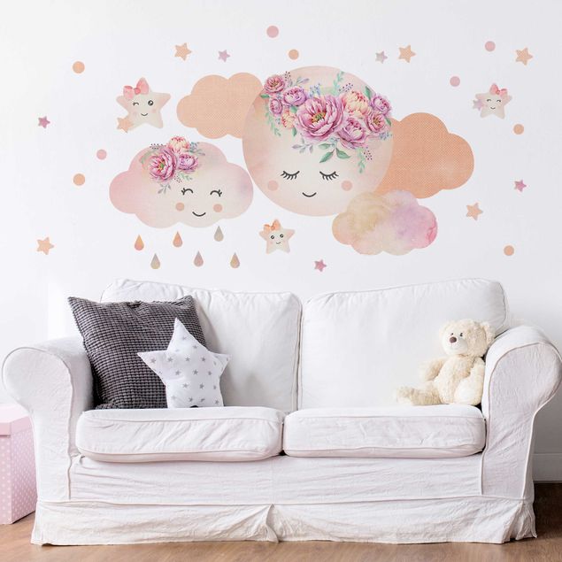 Vinilos pared Watercolor moon clouds and stars with roses