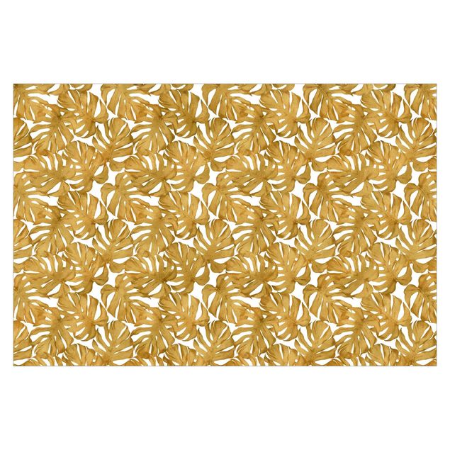 Papel de pared Watercolour Monstera Leaves In Gold