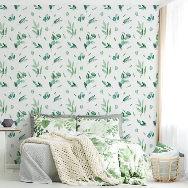 Papel pintado flores Watercolor Pattern Leaves And Eucalyptus